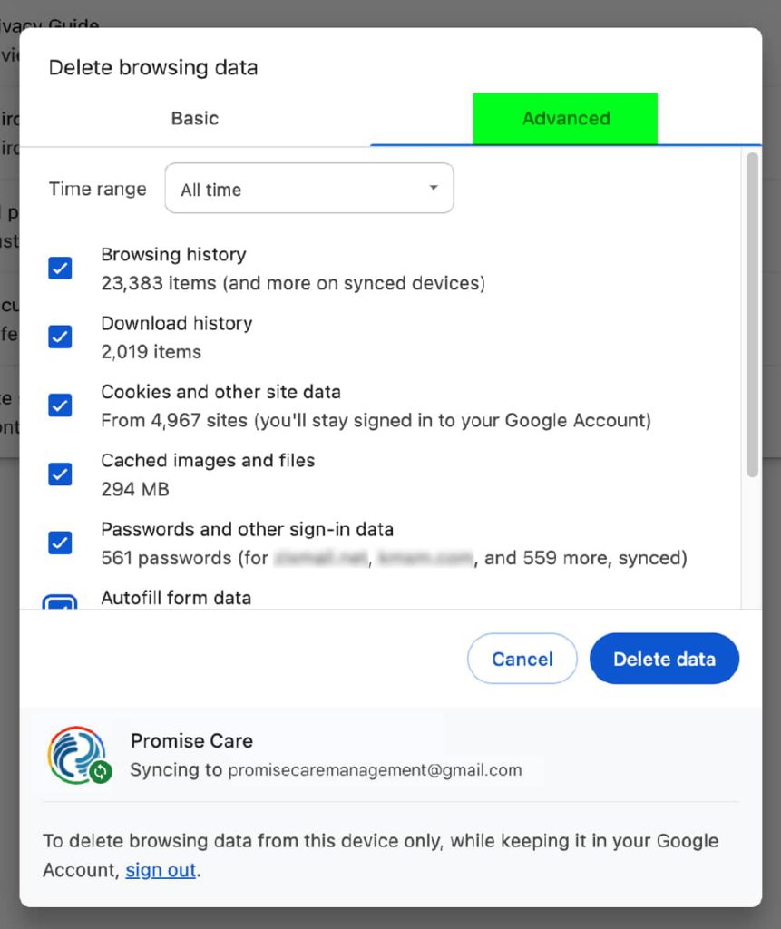 Chrome delete browser cache advanced settings green