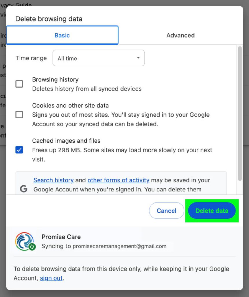 Chrome delete browser cache delete green