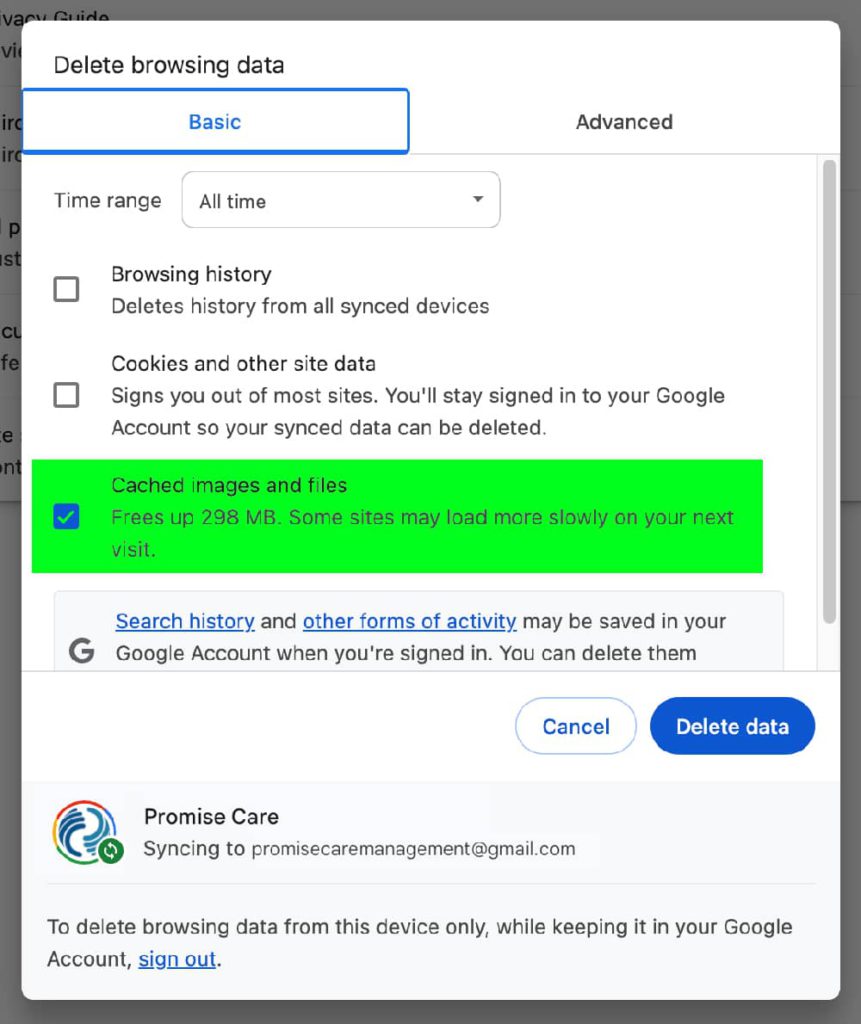 Chrome delete browser cache select cache only green