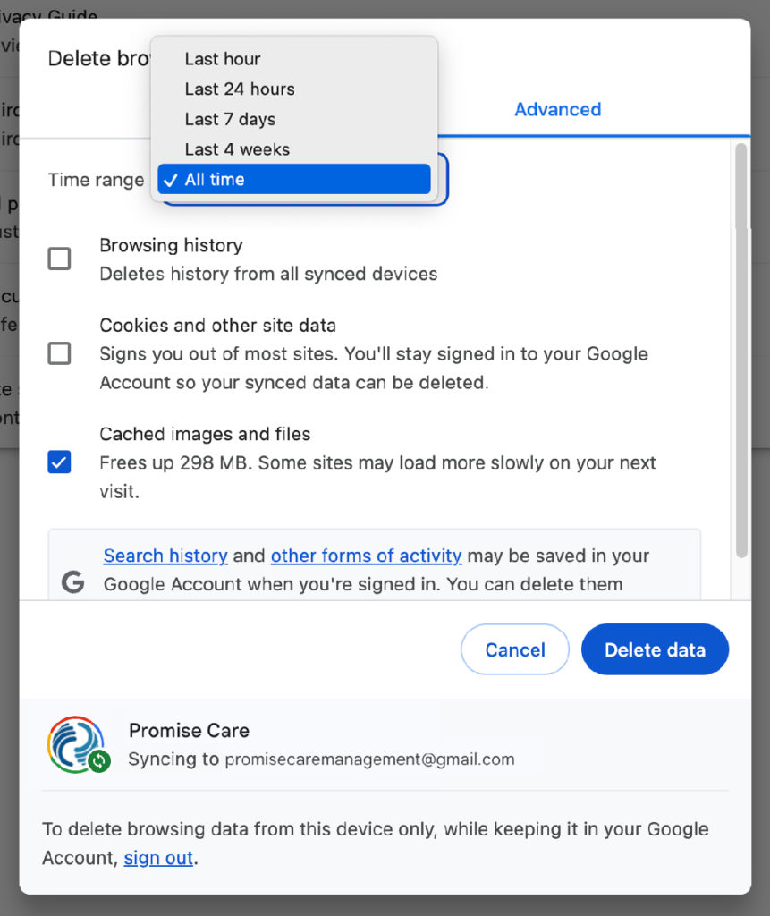 Chrome delete browser cache select time