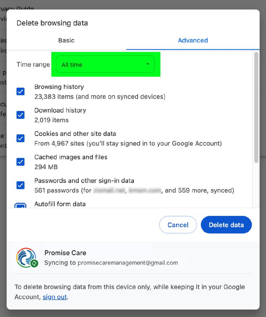 Chrome delete browser cache select time green