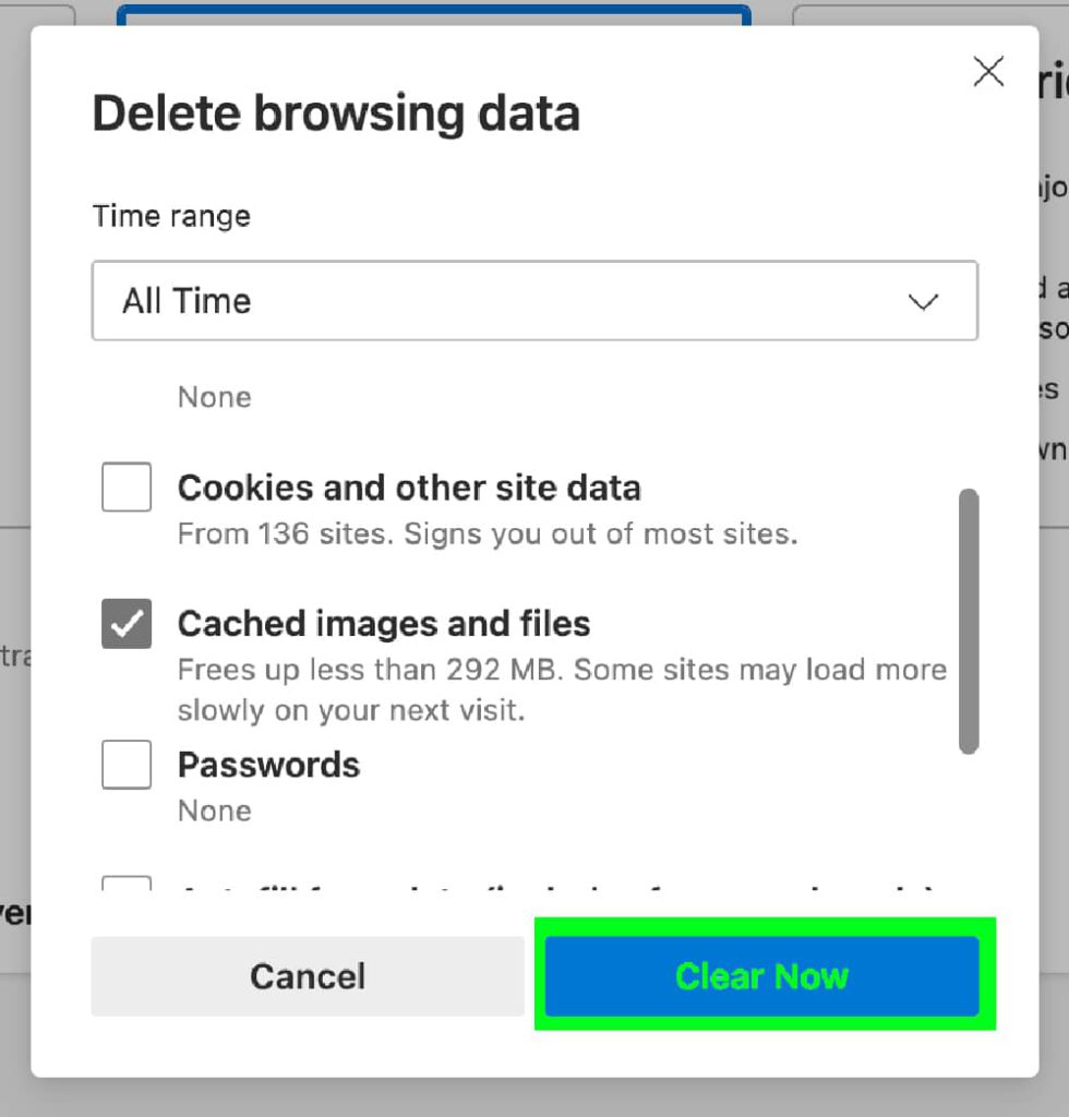 Edge delete browser cache delete green