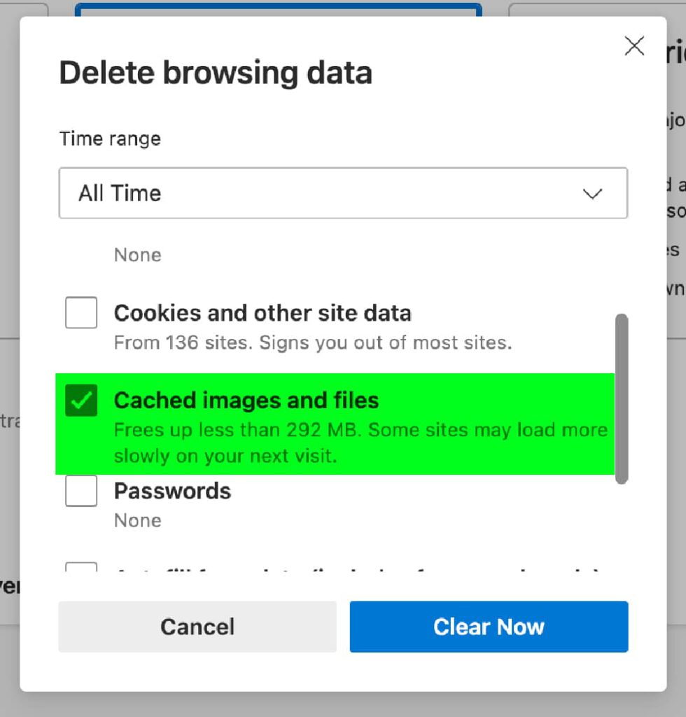 Edge delete browser cache select only cache green