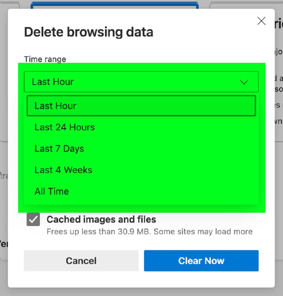 Edge delete browser cache select time dropdown green