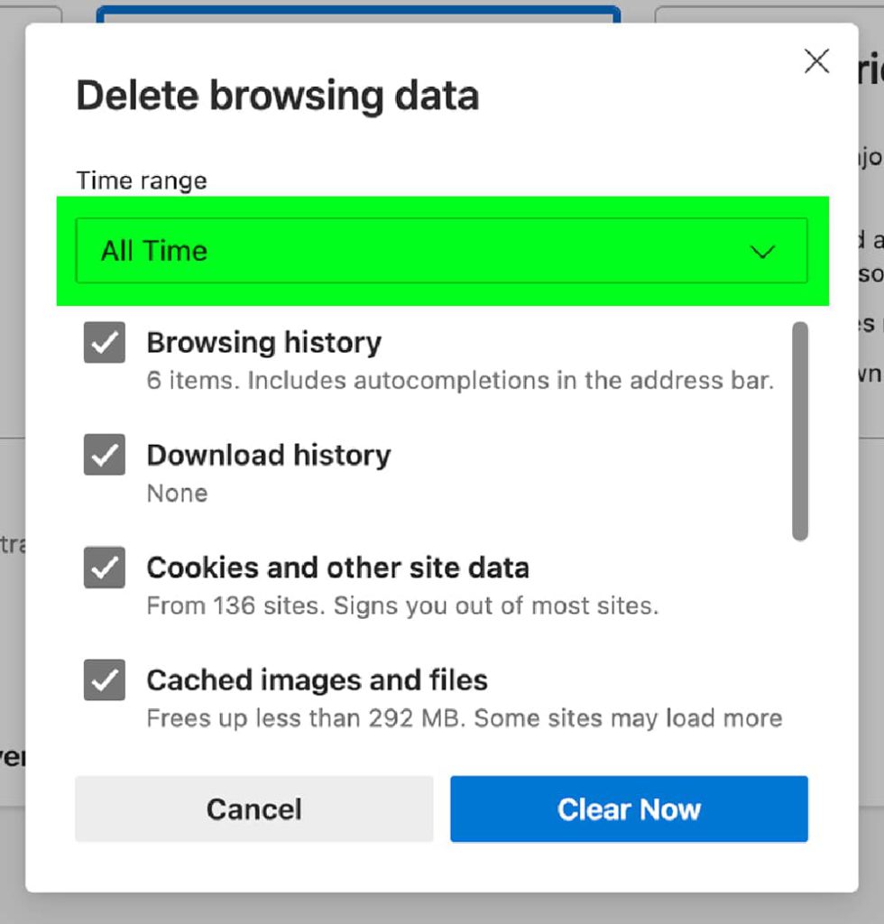 Edge delete browser cache select time green