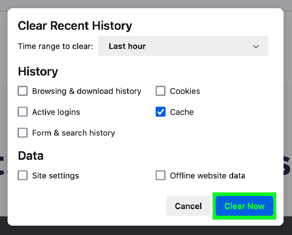Firefox delete browser cache delete green