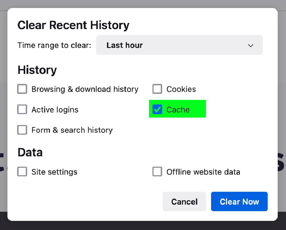 Firefox delete browser cache select only cache green