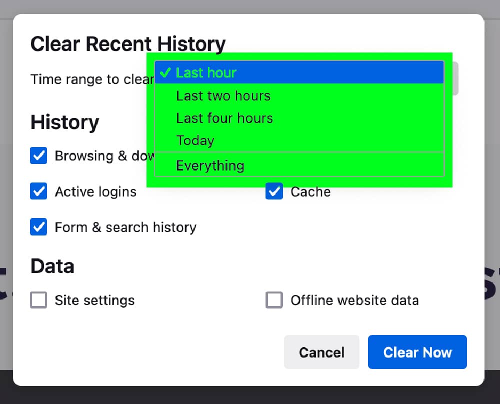 Firefox delete browser cache select time dropdown green
