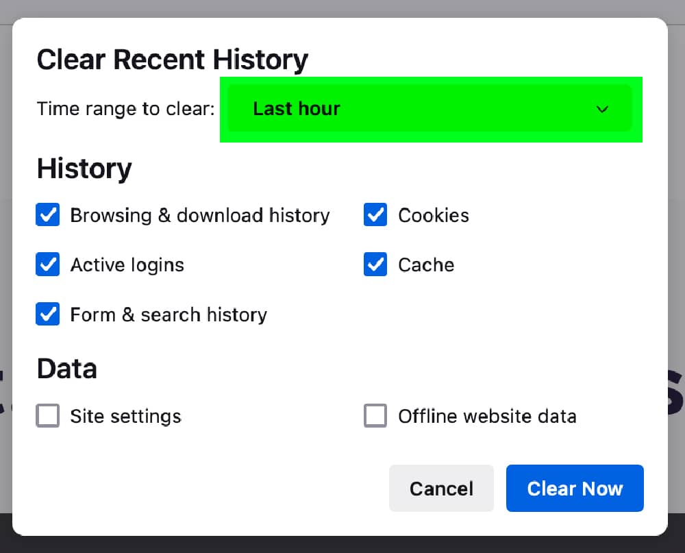 Firefox delete browser cache select time green