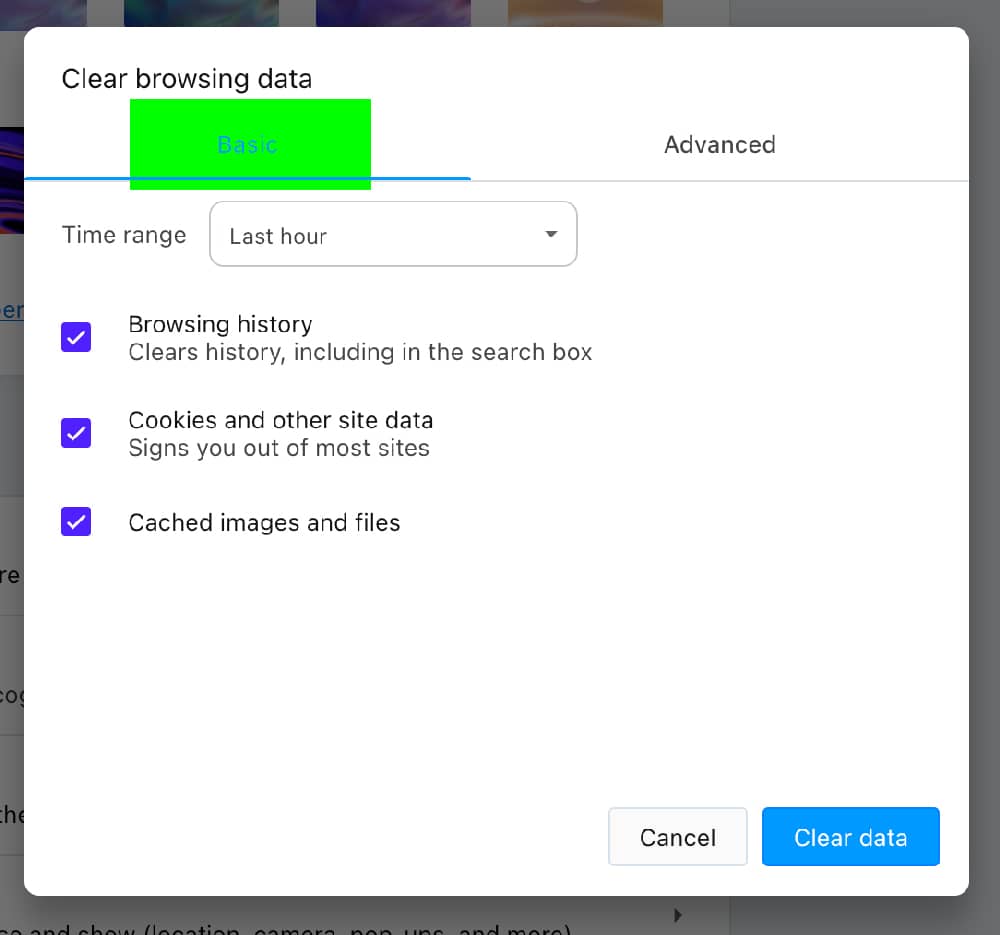 Opera delete browser cache basic settings green