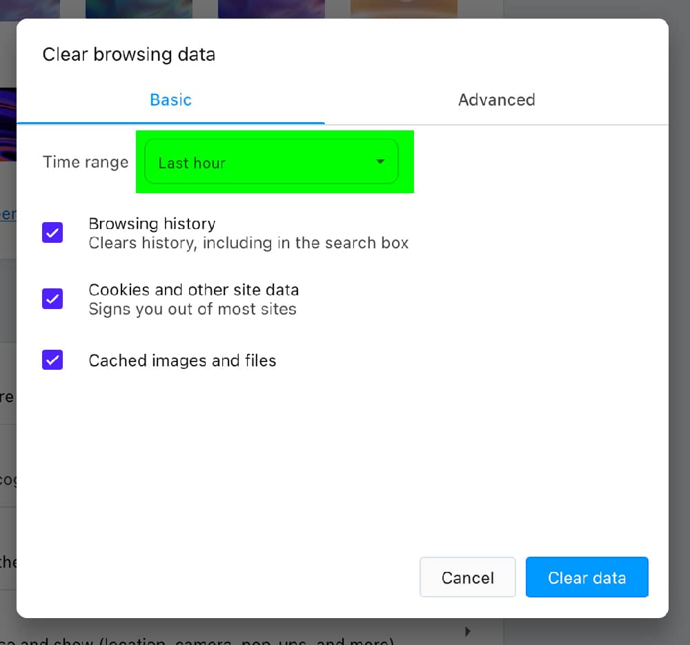 Opera delete browser cache time dropdown green