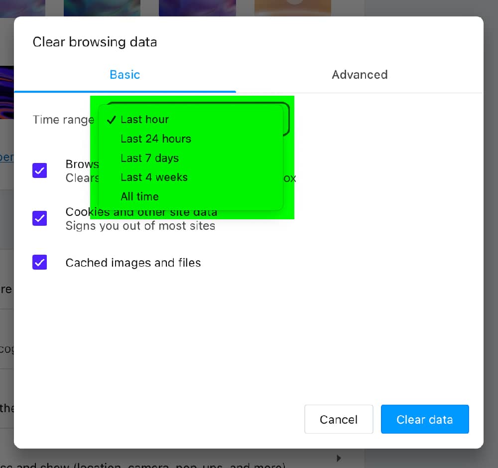 Opera delete browser cache time dropdown open green