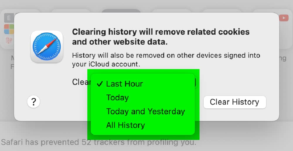 Safari delete browser cache time dropdown green