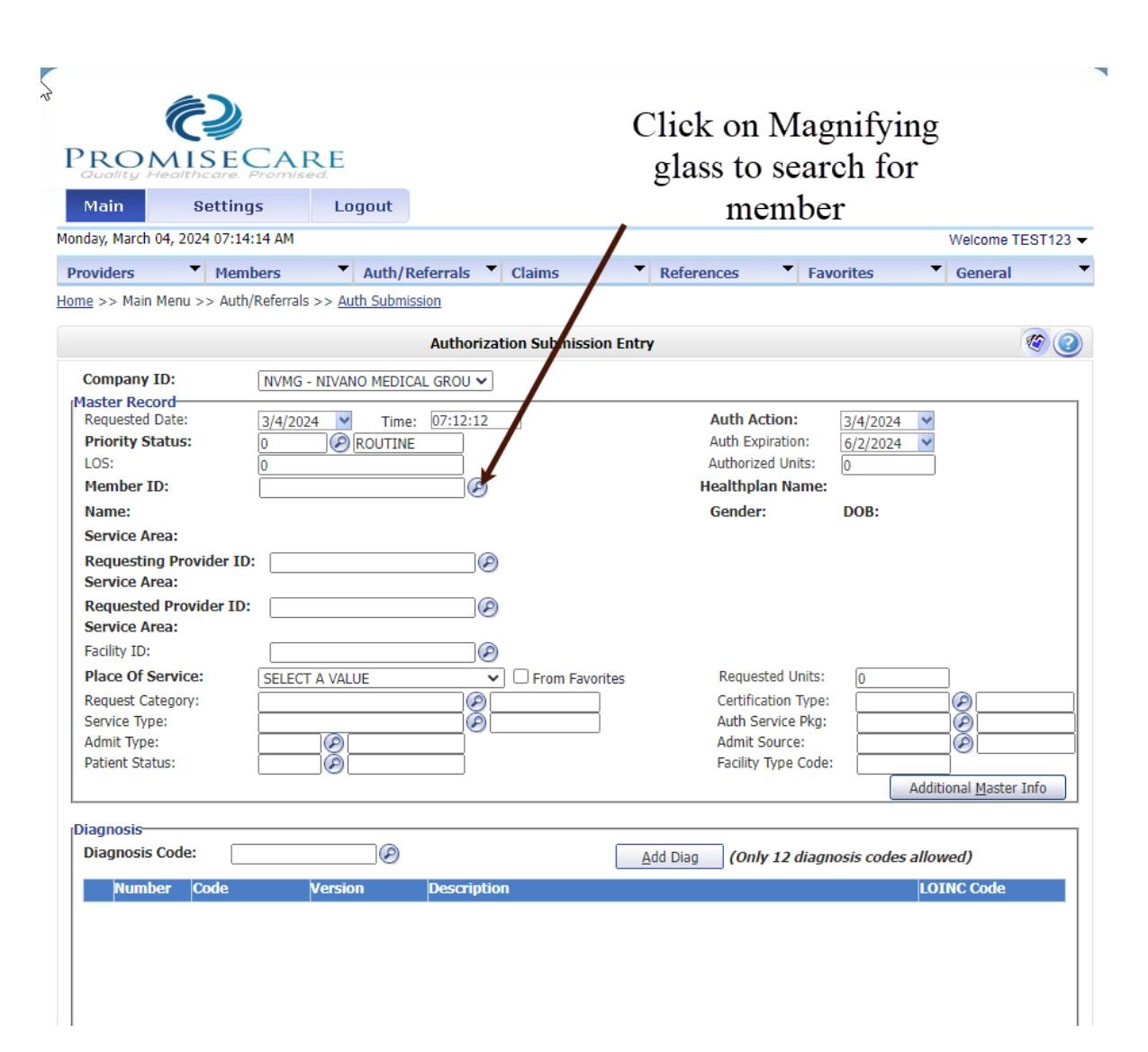 Member ID field with magnifying glass to open Member Search