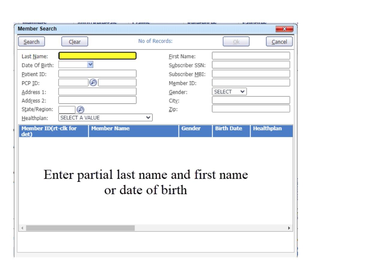 Member Search dialog with name and date of birth fields