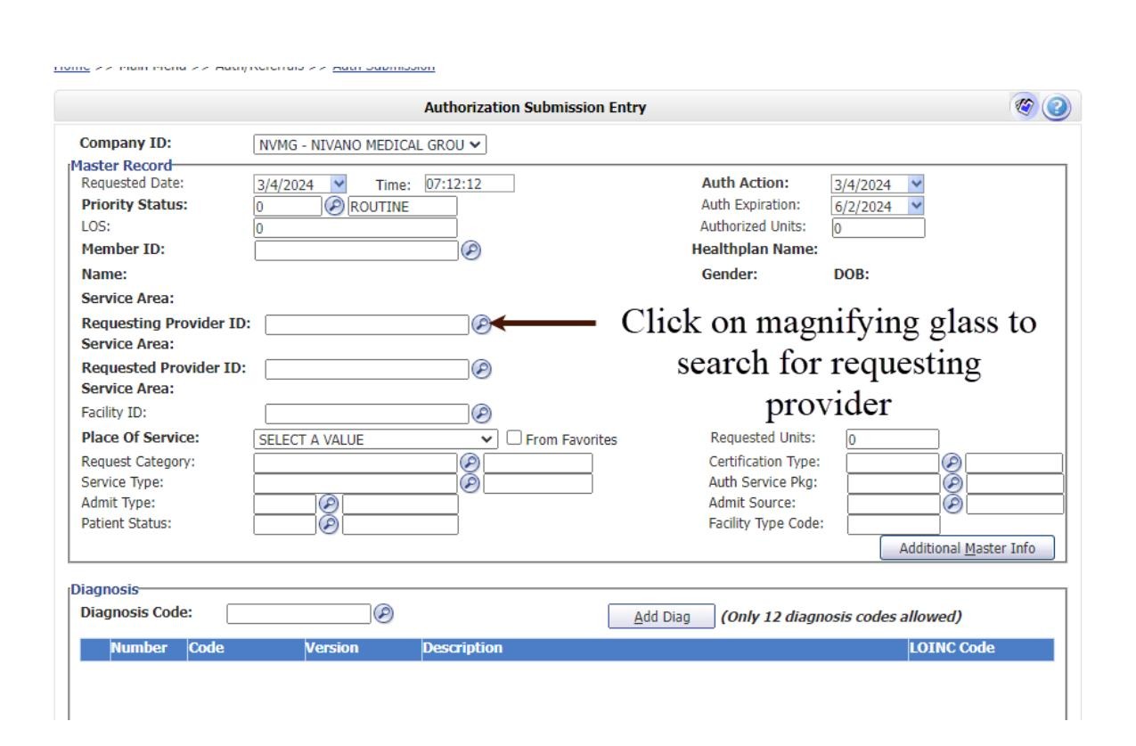 Requesting Provider ID field with search icon