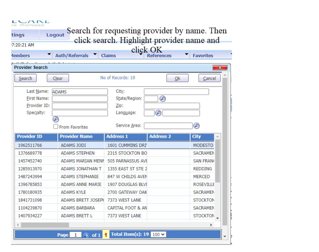 Provider search results with a provider selected