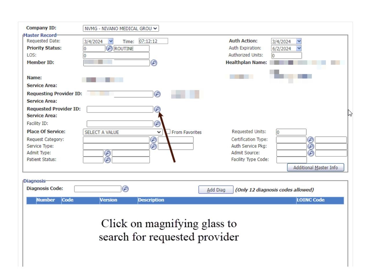 Requested Provider ID field with search icon
