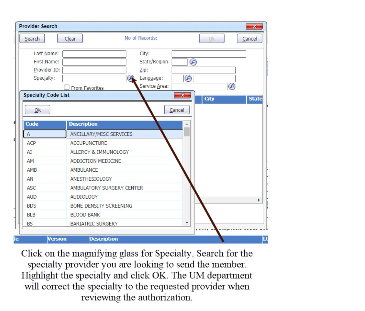 Specialty Code List dialog with specialty options