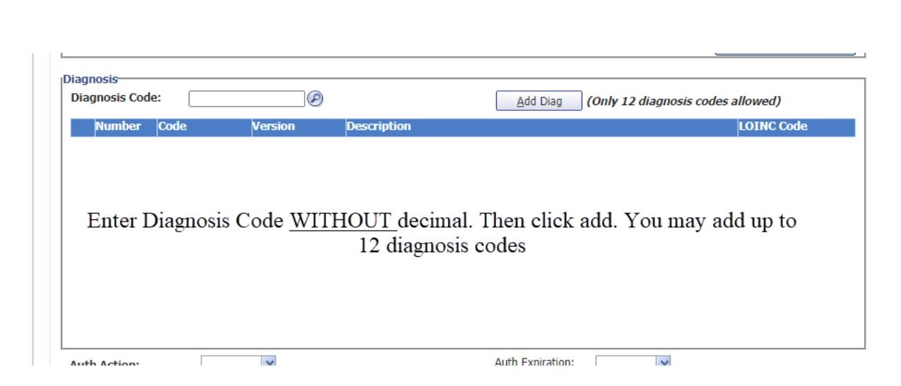 Diagnosis code entry field with Add Diag button