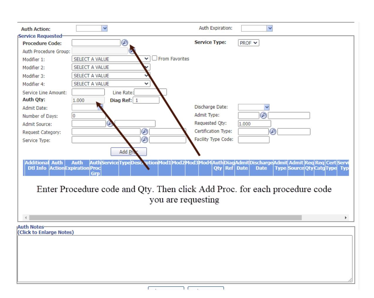 Procedure code and quantity fields with Add Proc button
