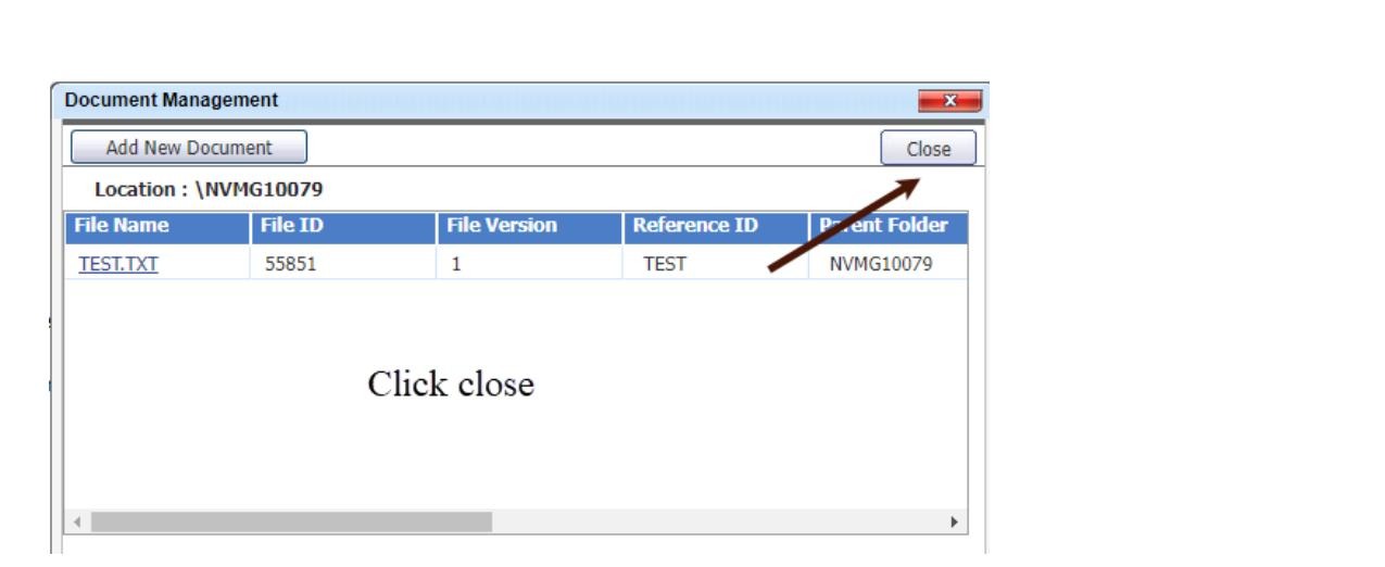 Document file list showing uploaded file with Close button