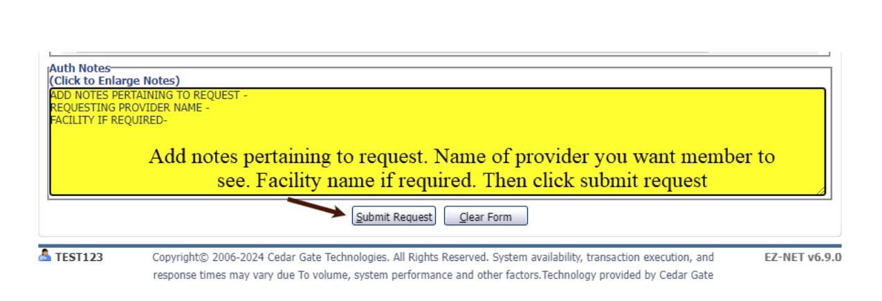 Auth Notes section with Submit Request button