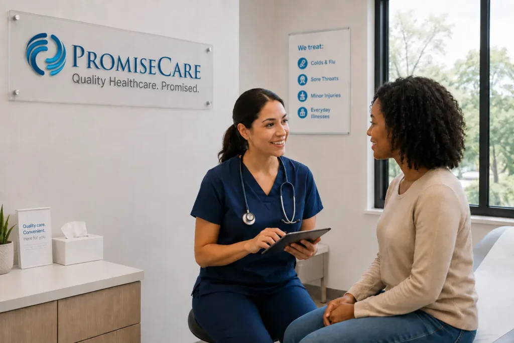a nurse and a patient sit across from each other in a patient room at a medical office. the environment is warm and inviting.