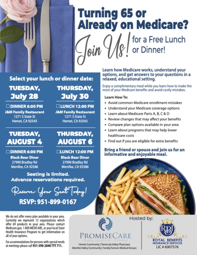 Turning 65 or Already on Medicare - free lunch and dinner seminar flyer, July and August 2026