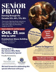 PromiseCare Senior Prom flyer, October 21 2026, 1 to 4 PM at the Shova Building in Hemet