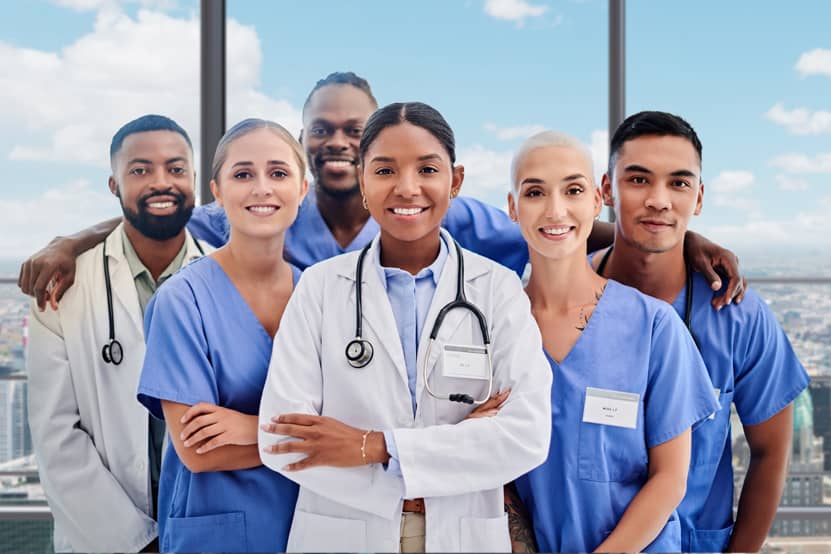 Promisecare Medical Group - A group of doctors posing in front of a cityscape during the Medicare Annual Enrollment Period for 2024.